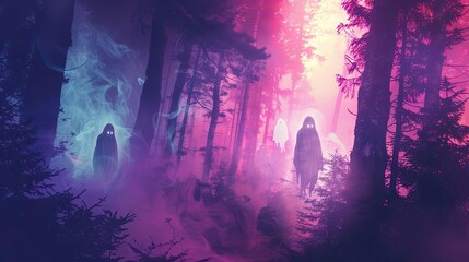Mysterious hooded figures in a foggy, colorful forest at night, creating an eerie, ethereal atmosphere with vibrant light and dark shadows.