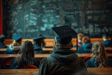 Obraz premium University Graduates in Classroom Wearing Academic Caps Facing Chalkboard During Convocation Ceremony