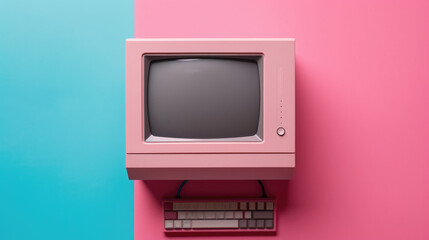 Retro Pink Vintage Computer on Pastel Background Nostalgic Tech in Pop Art Style