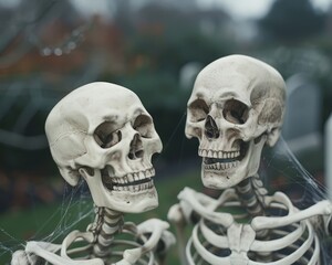 Two skeleton decorations stand side by side in a spooky outdoor setting, perfect for Halloween or Dia de los Muertos themes.
