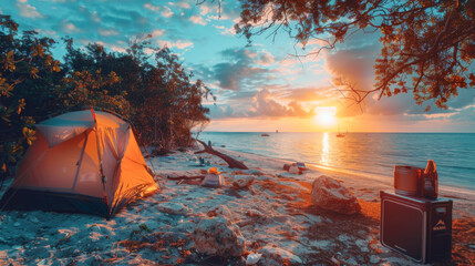The beach camping scene at sunset.
