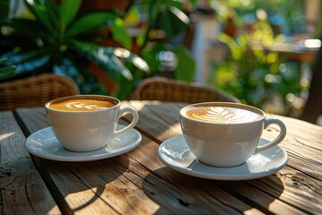 Fototapeta premium Sunny Morning Coffee Outdoors with Latte Art on Wooden Table Amidst Lush Greenery