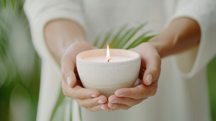 Hands holding a lit candle in a serene setting, symbolizing peace and relaxation. Perfect for wellness, meditation, and spa themes.