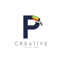 Letter P Trendy colorful painting services logo vector template. Vector drawn paint brush.