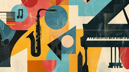 a concert invitation with illustrations of a piano, saxophone, and guitar on an abstract geometric background