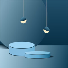 Abstract realistic 3D cylindrical pedestal or podium with glowing round neon lights. Dark blue minimal scene for product display presentation. Vector rendering geometric platform design.