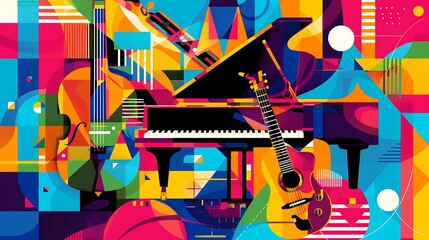 a graphic concert poster featuring a piano, saxophone, and guitar on a vibrant geometric design