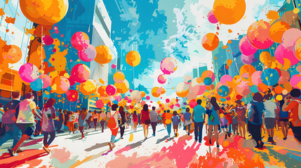 Colorful balloons accompany individuals walking down a lively street in a painting.