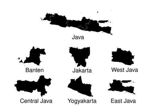 Java map silhouette with province boundaries: Banten, Jakarta, West Java, Central Java, Yogyakarta, East Java.