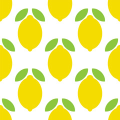 Yellow lemon fruits and green leaves on a white background. Seamless pattern. Flat style, isolated. Background for paper, cover, fabric, textile, dishes, interior decor. 