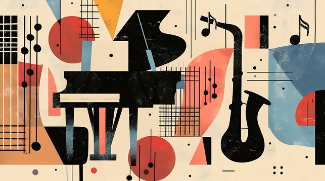 a modern concert invitation with a piano, saxophone, and guitar against an abstract geometric background