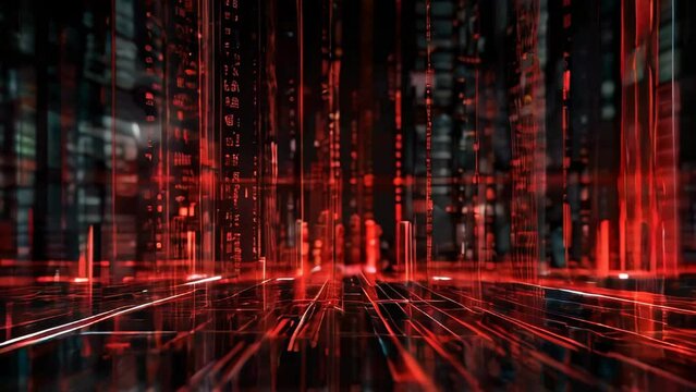 digital background red lines and patterns, resembling a futuristic matrix. The dark backdrop intense red circuitry, high-tech, cyberpunk aesthetic