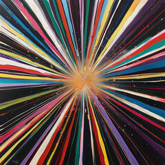 Multicolored starburst abstract art with vibrant rays emanating from center, contemporary geometric design on canvas