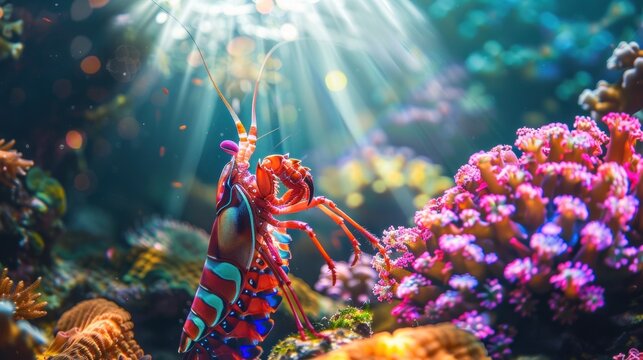 A vibrant underwater scene featuring a mantis shrimp exploring a colorful coral reef with sunlight filtering through the water 