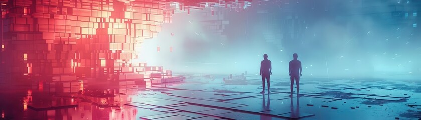 Two individuals stand in a futuristic digital landscape of vivid red and blue hues, suggesting advanced technology and a cyberpunk atmosphere.