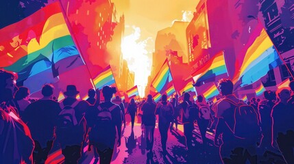 Rainbow flag march for social justice, pride, and equality.