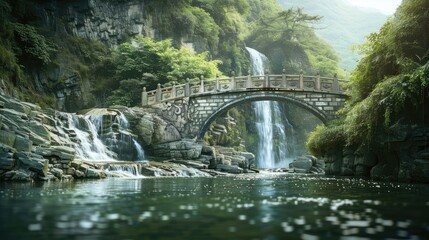 a modern long stone bridge for cars, Chinese style decorated stone bridge, bridge crossing a large stream of water, running perpendicular to a waterfall