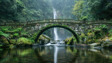 Fototapeta premium a modern long stone bridge for cars, Chinese style decorated stone bridge, bridge crossing a large stream of water, running perpendicular to a waterfall