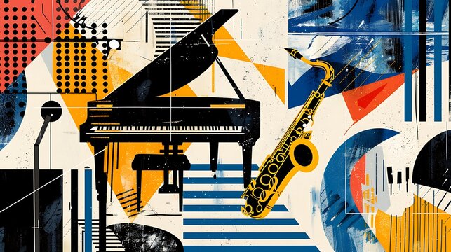 a stylish concert invitation with a piano, saxophone, and guitar on a geometric pattern background - Powered by Adobe