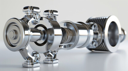 A detailed, polished, metal mechanical part displayed against a white background, showcasing precision engineering and industrial craftsmanship.