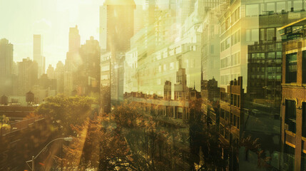 Golden hues wash over an urban neighborhood, capturing a vibrant, sunlit morning in a bustling city with architectural charm.