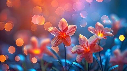 Abstract colorful background with plastic flowers and bokeh lights for a Valentine s Day card or spring holiday decoration