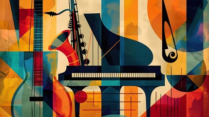 a vibrant concert poster featuring a piano, saxophone, and guitar with a geometric design background