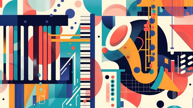 a vector illustration of a piano, saxophone, and guitar with an abstract geometric background - Powered by Adobe