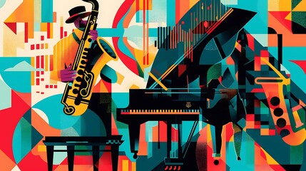 a vibrant concert poster featuring a piano, saxophone, and guitar with a geometric design background