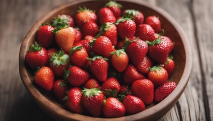 Top view of strawberry on a wooden bowl