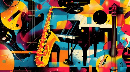 a vibrant poster featuring a piano, saxophone, and guitar with abstract orchestra graphics