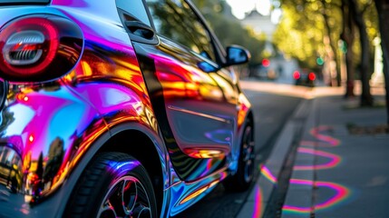 Innovation in Motion: Contemporary Abstract Smart Car Design Concept with Vibrant Patterns and Lens Flare Over-the-Shoulder View