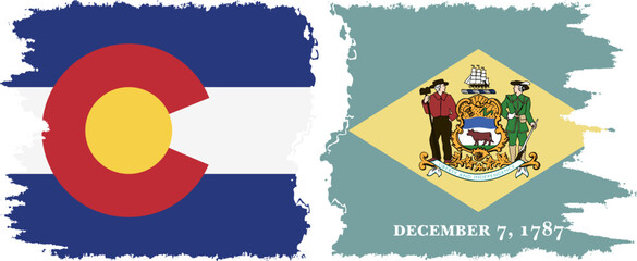 Delaware and Colorado states grunge brush flags connection vector