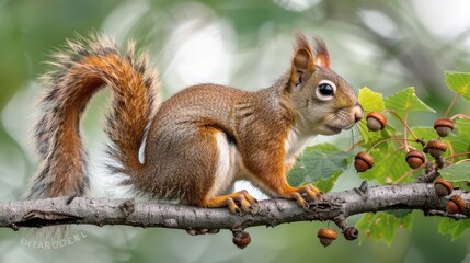 Close-up of an Alert Red Squirrel on a Tree Branch Surrounded by Green Foliage and Small Nuts on a Bright Day in the Forest