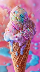 Colorful melting ice cream cone with candy sprinkles on pink background, summer dessert concept