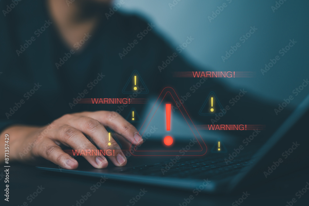 Poster System warning hacked alert, cyberattack on computer network. Cybersecurity vulnerability, data breach, illegal connection, compromised information concept. Malicious software, virus and cybercrime