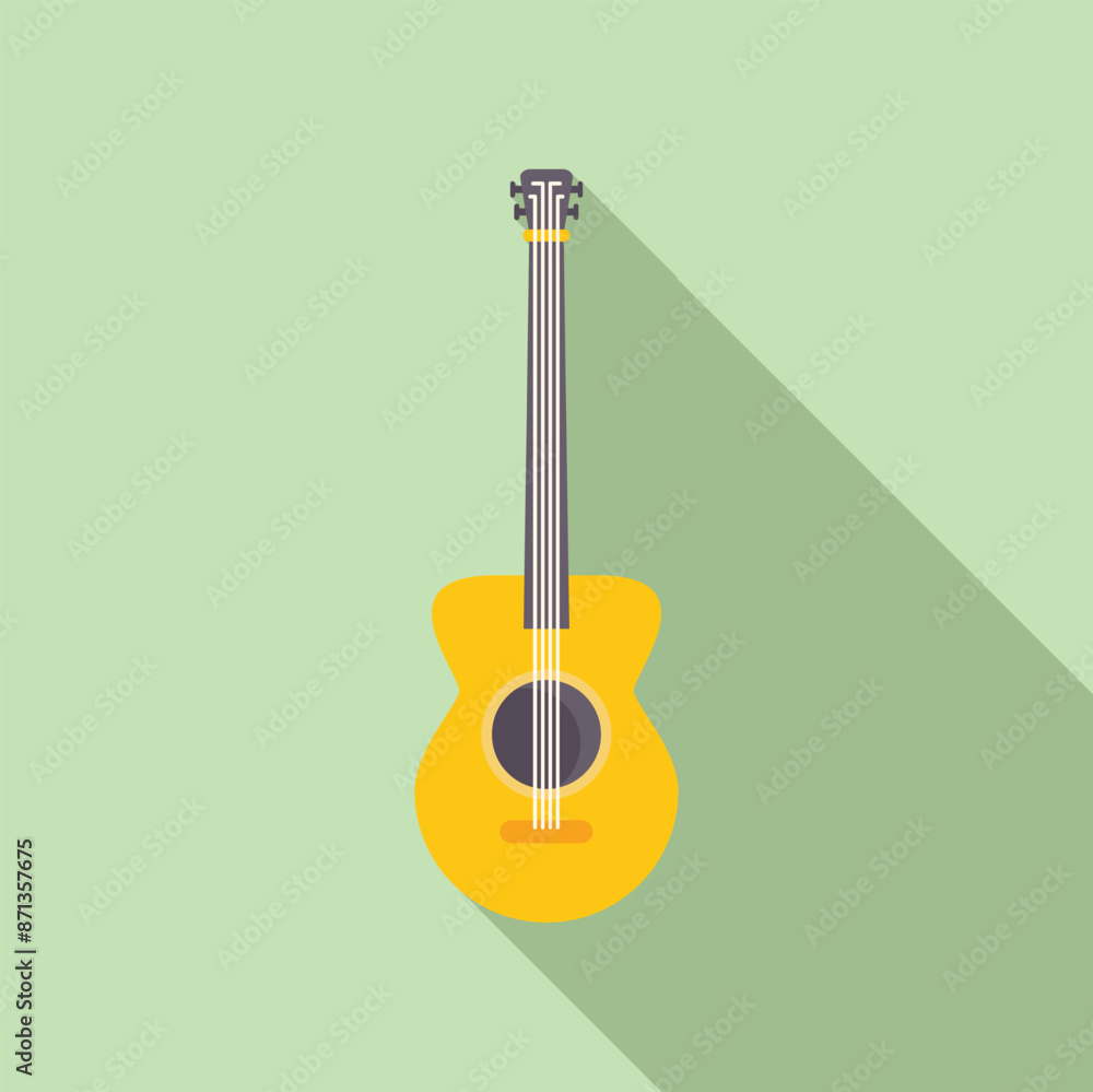 Sticker yellow acoustic guitar with long shadow on green background, musical instrument concept