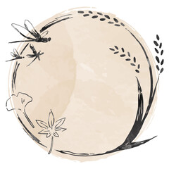 墨絵風の稲、とんぼ、銀杏、紅葉の円形フレーム 、水彩フレーム、手書き © 20