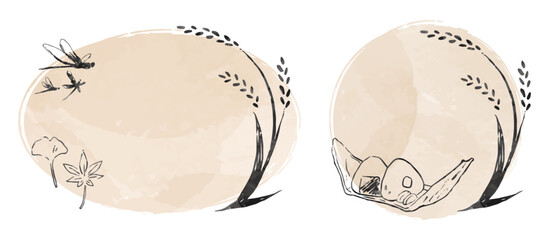 墨絵風の稲、とんぼ、紅葉、おにぎり、水彩の円形フレームのセット © 20