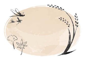 墨絵風の稲、とんぼ、銀杏、紅葉のセット、水彩の楕円形フレーム、手書き