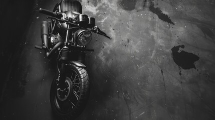 Sleek Sport Bike Flat Lay with Bohemian Touch in High Contrast Monochrome, Top View Vignette