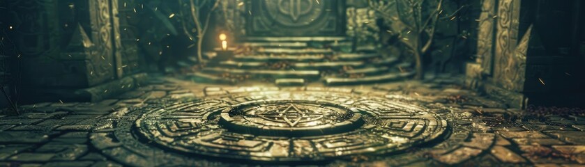 Ancient stone dungeon entrance with mystical symbols and eerie lighting, perfect for fantasy game backgrounds or adventure design projects.