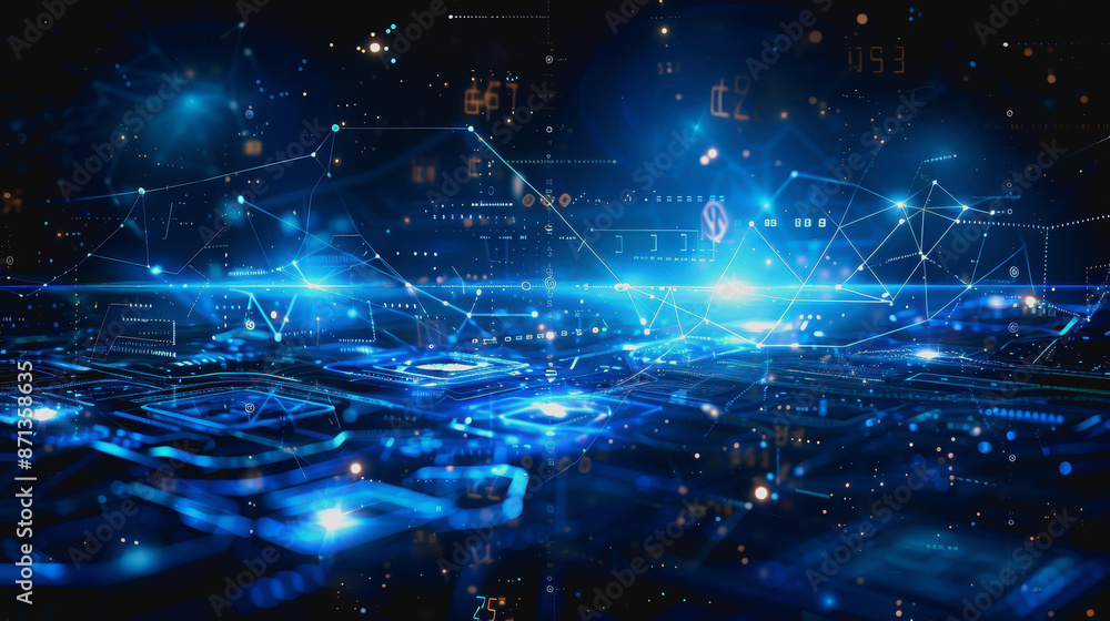 Poster cyber themed digital background with blue glowing lines and interconnected circuits