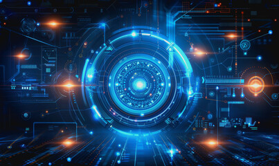 Obraz premium Cyber themed digital background with blue glowing lines and interconnected circuits