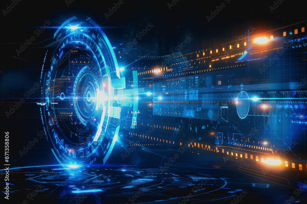 Poster cyber themed digital background with blue glowing lines and interconnected circuits