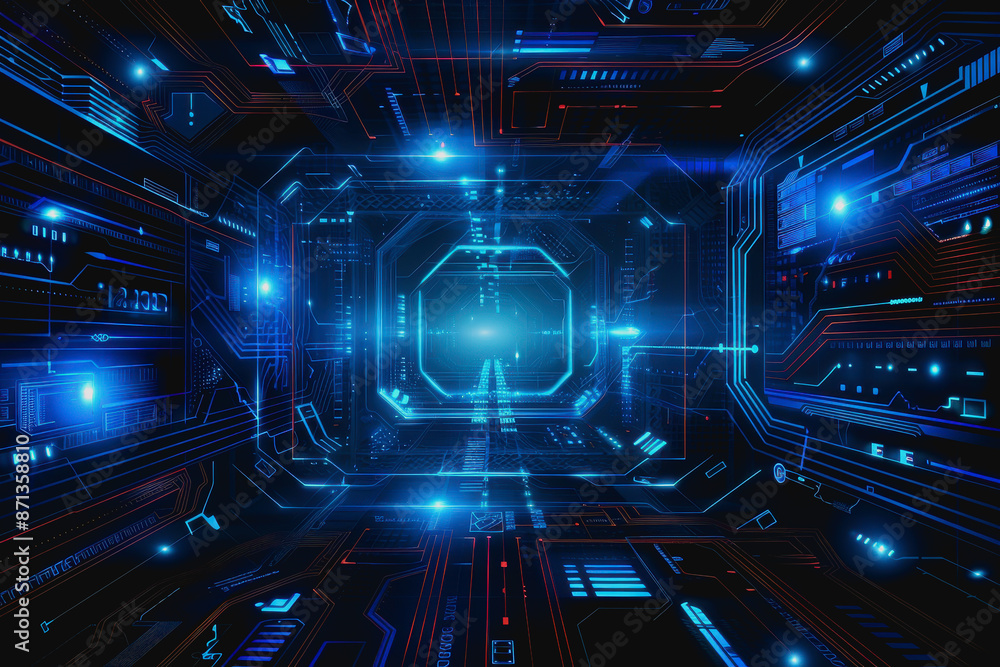 Poster cyber themed digital background with blue glowing lines and interconnected circuits