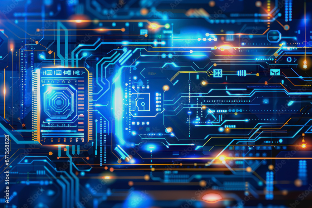 Poster cyber themed digital background with blue glowing lines and interconnected circuits