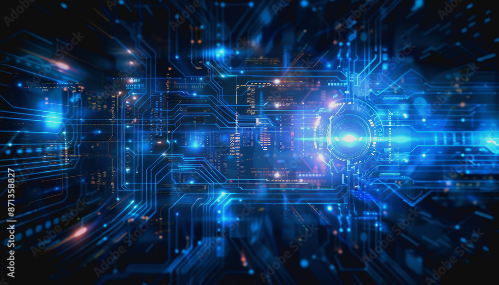 Poster cyber themed digital background with blue glowing lines and interconnected circuits