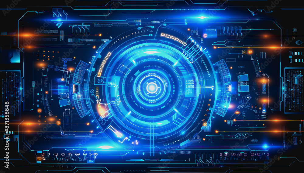 Poster cyber themed digital background with blue glowing lines and interconnected circuits