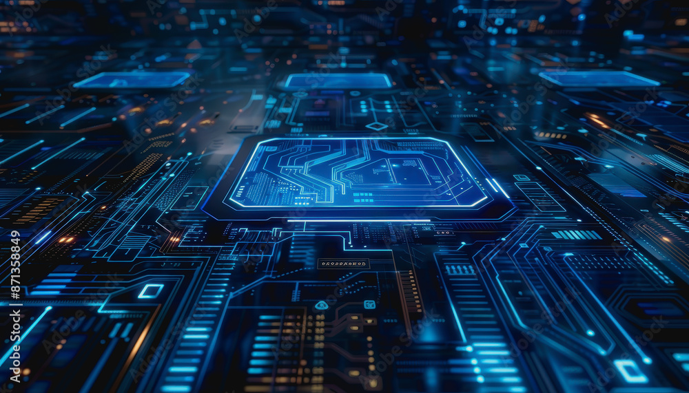 Poster cyber themed digital background with blue glowing lines and interconnected circuits
